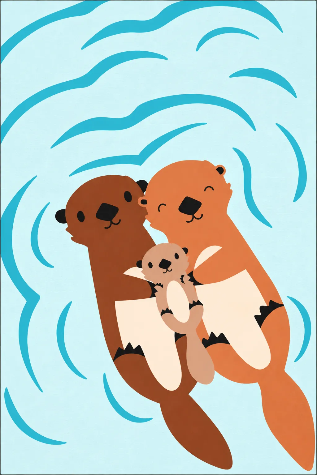 Two parent otters floating with their baby